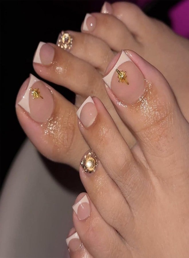 HJKDSFD 24Pcs White French Tip Press on Toe Nails Short Fake Toenails Nude Square Acrylic False Toenails with Gold Rhinestones Designs Full Cover Reusable Gloss Glue on Toenails for Women and Girls - Image 1